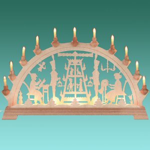 Schwibbogen, Pyramide/Schnitzer/Klöppelfrau mit Vorbeleuchtung 65cm