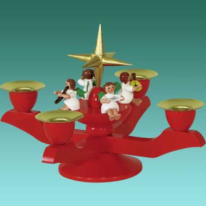 Adventsleuchter klein, rot mit 4 sitzenden Engeln