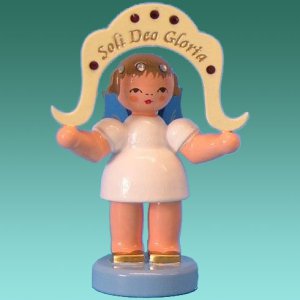 Engel stehend ″Soli deo Gloria″ Swarowski, blaue Flügel