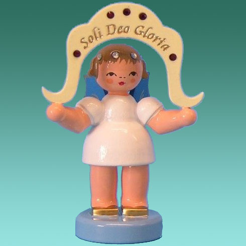 Engel stehend "Soli deo Gloria" Swarowski, blaue Flügel