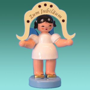 Engel stehend ″Zum Jubiläum″ Swarowski, blaue Flügel