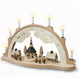 Schwibbogen mit beleuchteter Seiffner Kirche und Häuser 70cm