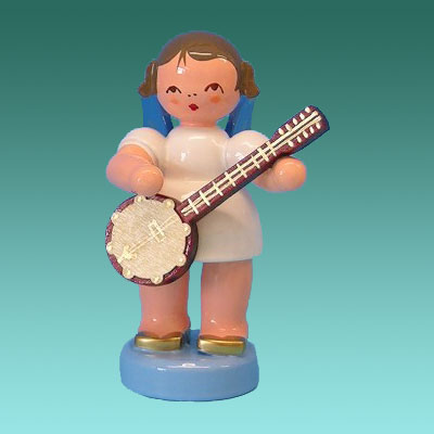Engel stehend mit Banjo, blaue Flügel, Auslaufartikel