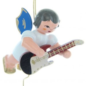 Engel schwebend mit E-Gitarre, blaue Flügel