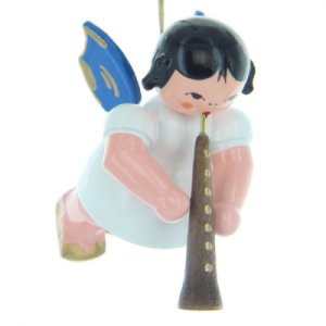 Engel schwebend mit Oboe, blaue Flügel