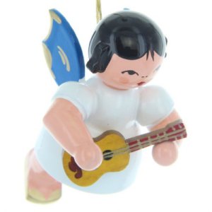 Engel schwebend mit Ukulele, blaue Flügel