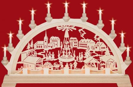 Schwibbogen, Weihnachtsmarkt mit Vorbeleuchtung 65cm