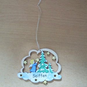 Baumbehang - Wolke mit Engel am Baum Seiffen blau 7,5cm