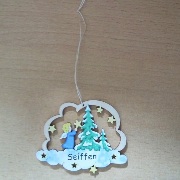 Baumbehang - Wolke mit Engel am Baum Seiffen blau 7,5cm