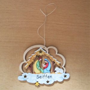 Baumbehang - Wolke mit Krippe Seiffen blau 7,5cm
