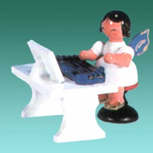 Engel sitzend an der Zither, blaue Flügel